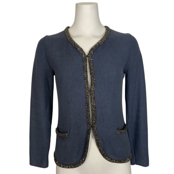 Maje Friday Cardigan Sweater 1 US/S Small Blue Beaded Long Sleeve Linen Blend - Picture 1 of 13